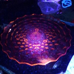 Vintage Glass Plate with Scalloped Edge Glows Under Uv Light